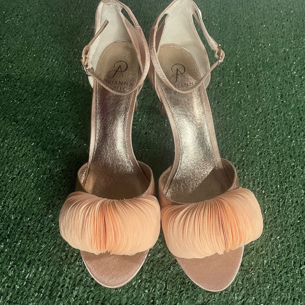 Adrianna Papell Peach Pleated Pom Toe Slingback Heels